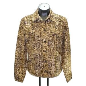 Transitions Gold Brown Print Silk Button-Front Lined Shirt Jacket - Women's M